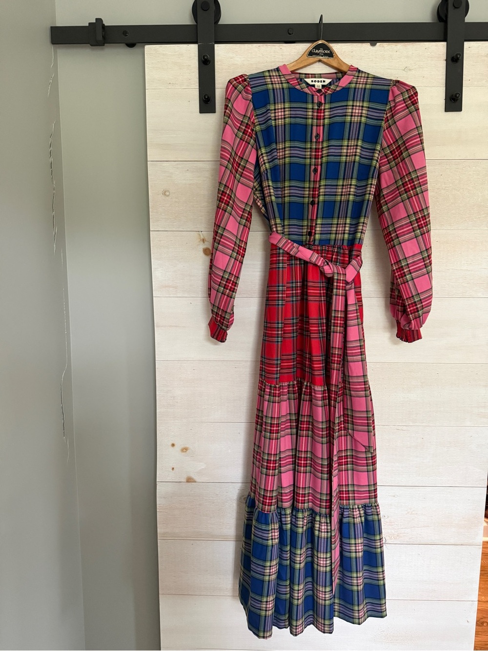 Boden Pink Red Blue Mixed Plaid Maxi Dress with Waist Tie